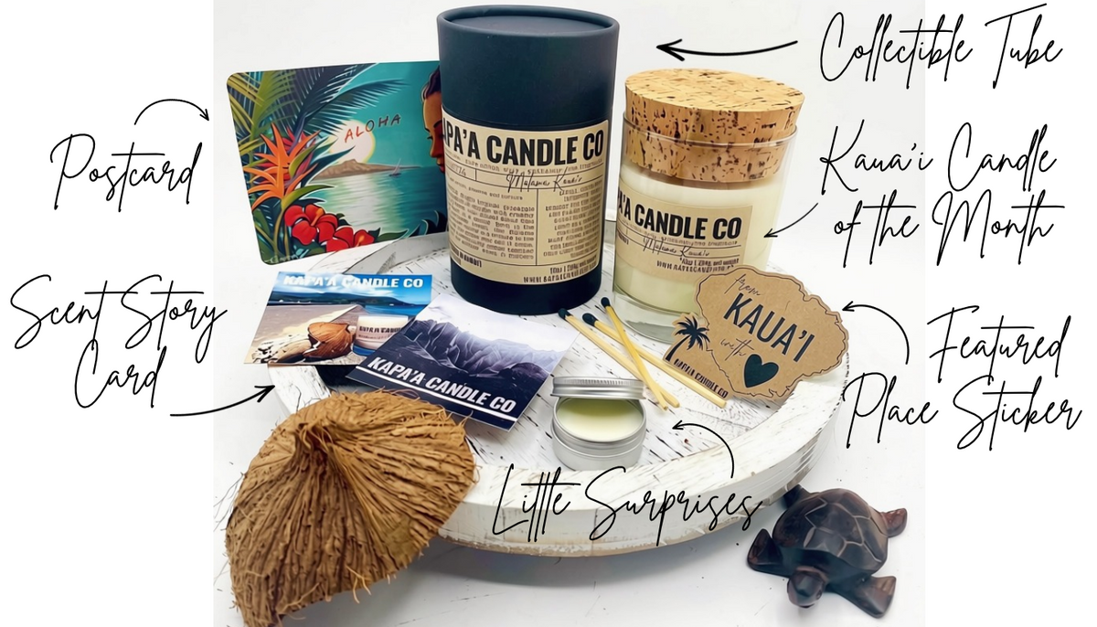 Kapaʻa Candle Club box with candle, collectible tube, postcard, scent story card and sticker.